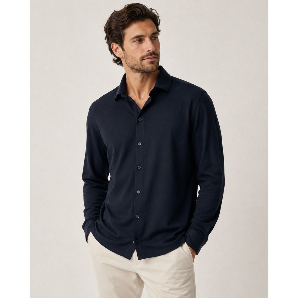 Armani Collezioni Luxury Silk Cotton Knit Button Down Shirt Navy Blue Mens L